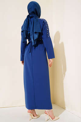 İnci Detaylı Kuşaklı Elbise İndigo - Thumbnail