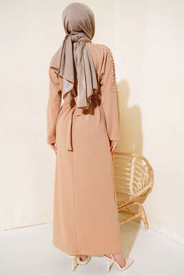 İnci Detaylı Kuşaklı Elbise Bej - Thumbnail