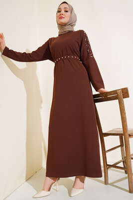 İnci Detaylı Kuşaklı Elbise Kahve - Thumbnail