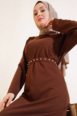 İnci Detaylı Kuşaklı Elbise Kahve - Thumbnail