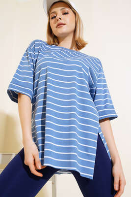 Çizgili İndigo Tshirt - Thumbnail