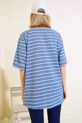 Çizgili İndigo Tshirt - Thumbnail