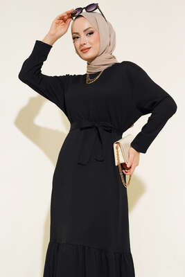 Bürümcüklü Kuşaklı Kat Elbise Siyah - Thumbnail