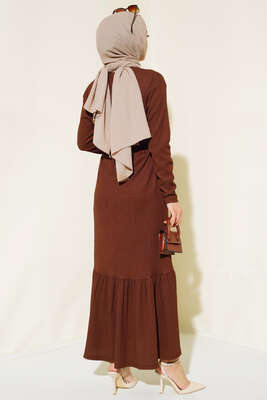 Bürümcüklü Kuşaklı Kat Elbise Kahve - Thumbnail