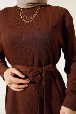 Bürümcüklü Kuşaklı Kat Elbise Kahve - Thumbnail