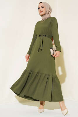 Bürümcüklü Kuşaklı Kat Elbise Haki - Thumbnail