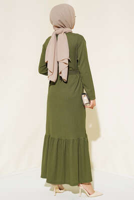 Bürümcüklü Kuşaklı Kat Elbise Haki - Thumbnail