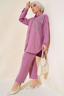 Pazarium - Taş Süslemeli Keten İkili Takım Magenta
