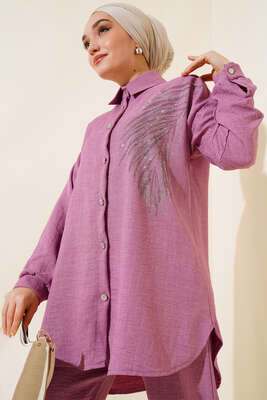 Taş Süslemeli Keten İkili Takım Magenta - Thumbnail