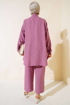 Taş Süslemeli Keten İkili Takım Magenta - Thumbnail