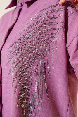 Taş Süslemeli Keten İkili Takım Magenta - Thumbnail