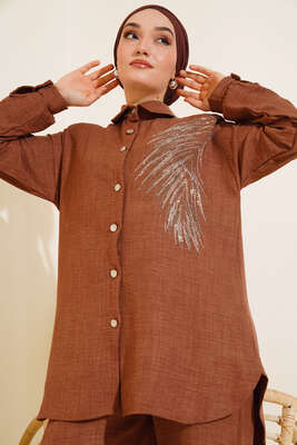 Taş Süslemeli Keten İkili Takım Kahve - Thumbnail