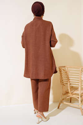 Taş Süslemeli Keten İkili Takım Kahve - Thumbnail