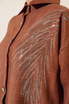 Taş Süslemeli Keten İkili Takım Kahve - Thumbnail