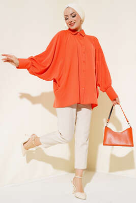Yarasa Kol Ön Düğmeli Gömlek Oranj - Thumbnail