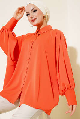 Yarasa Kol Ön Düğmeli Gömlek Oranj - Thumbnail