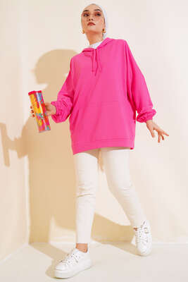 Kapüşonlu Oversize Sweat Fuşya - Thumbnail