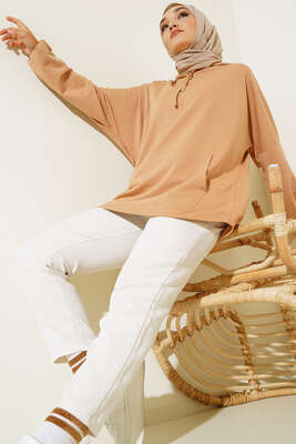 Pazarium - Kapüşonlu Oversize Sweat Latte