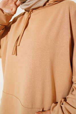 Kapüşonlu Oversize Sweat Latte - Thumbnail