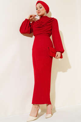 Degaje Yaka Simli Elbise Kırmızı - Thumbnail