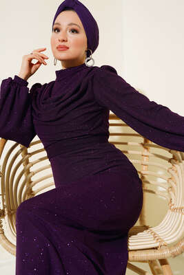 Degaje Yaka Simli Elbise Mor - Thumbnail