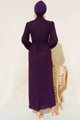 Degaje Yaka Simli Elbise Mor - Thumbnail