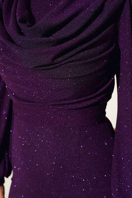 Degaje Yaka Simli Elbise Mor - Thumbnail