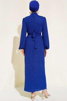 Degaje Yaka Simli Elbise Saks - Thumbnail