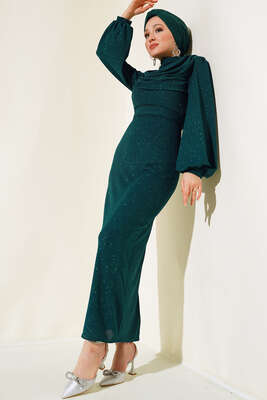 Degaje Yaka Simli Elbise Zümrüt Yeşili - Thumbnail