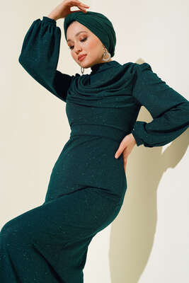 Degaje Yaka Simli Elbise Zümrüt Yeşili - Thumbnail