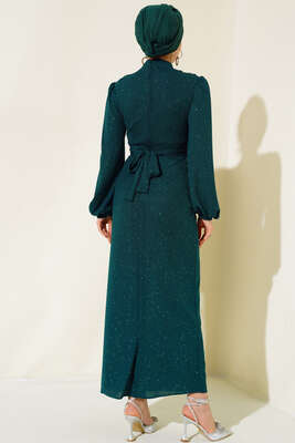 Degaje Yaka Simli Elbise Zümrüt Yeşili - Thumbnail