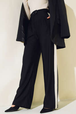 Duble Palazzo Şeritli Pantolon Siyah - Thumbnail