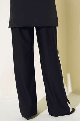 Duble Palazzo Şeritli Pantolon Siyah - Thumbnail