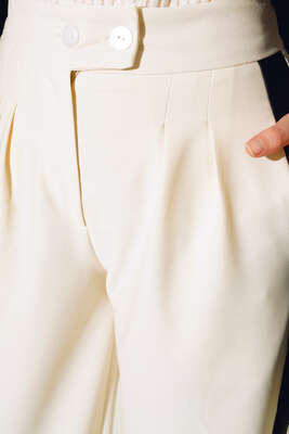 Duble Palazzo Şeritli Pantolon Bej - Thumbnail