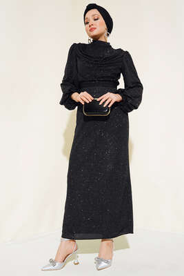 Degaje Yaka Simli Elbise Siyah - Thumbnail