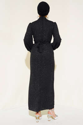 Degaje Yaka Simli Elbise Siyah - Thumbnail