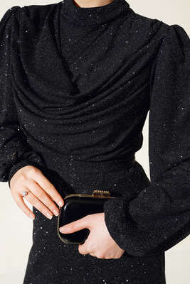 Degaje Yaka Simli Elbise Siyah - Thumbnail