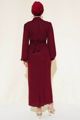 Degaje Yaka Simli Elbise Bordo - Thumbnail