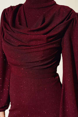 Degaje Yaka Simli Elbise Bordo - Thumbnail