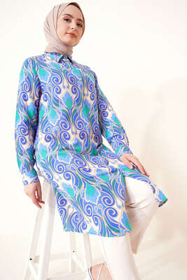 Hareketli Desen Serisi Gömlek Mavi Yeşil - Thumbnail