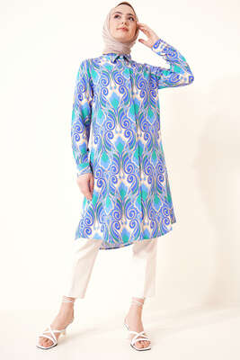 Hareketli Desen Serisi Gömlek Mavi Yeşil - Thumbnail