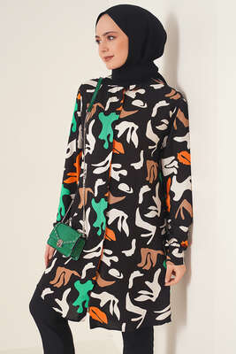 Hareketli Desen Serisi Gömlek Siyah Ekru - Thumbnail