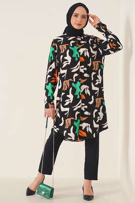 Hareketli Desen Serisi Gömlek Siyah Ekru - Thumbnail