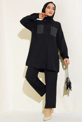 Pazarium - Cepleri Taşlı Keten Takım Siyah 