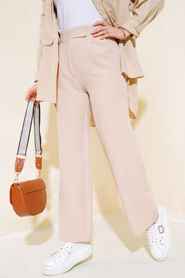 Pazarium - Beli Cırtlı Bol Paça Pantolon Bej