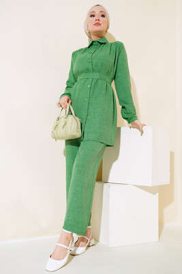 Pazarium - Kuşaklı Keten İkili Takım Yeşil