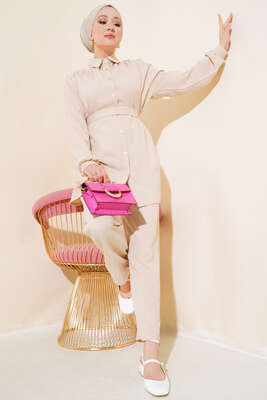 Pazarium - Kuşaklı Keten İkili Takım Bej