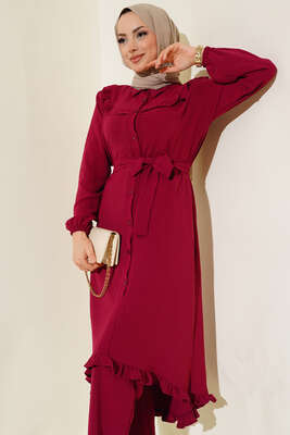 Fırfır Detaylı İkili Takım Bordo - Thumbnail