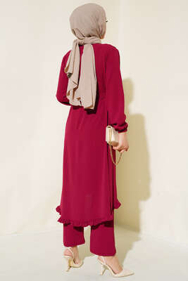 Fırfır Detaylı İkili Takım Bordo - Thumbnail