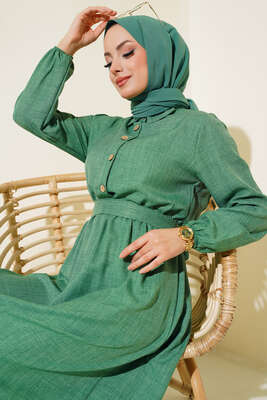 Pazarium - Beli Lastikli Kuşaklı Keten Elbise Yeşil